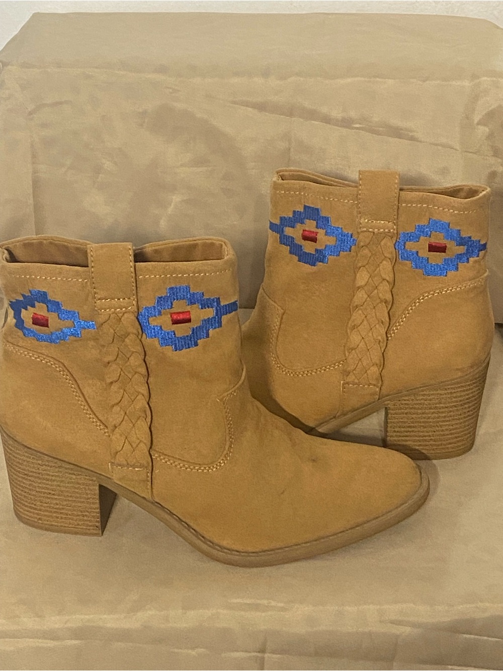 Qupid Tan Suede Western Ankle Boots with Blue & Red Embroidery